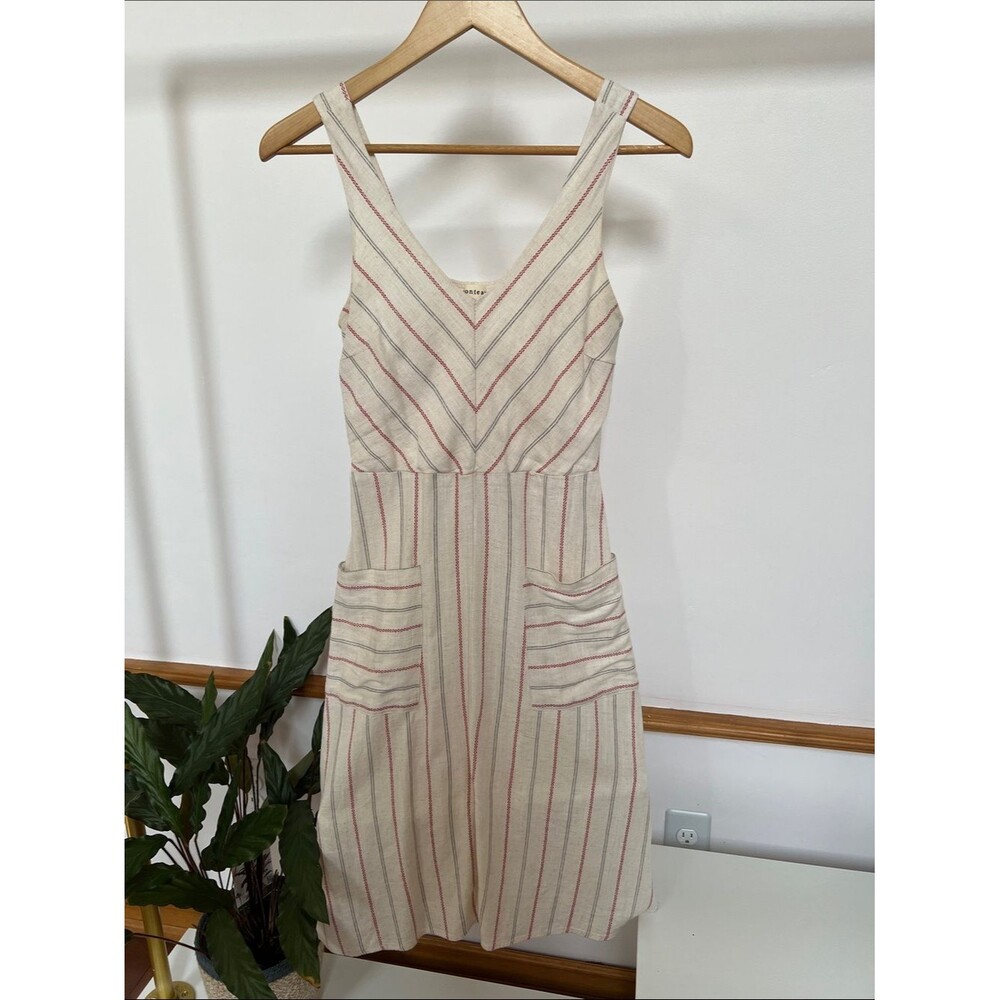 V-Neck Cream Midi Dress with red and Gray Stripes